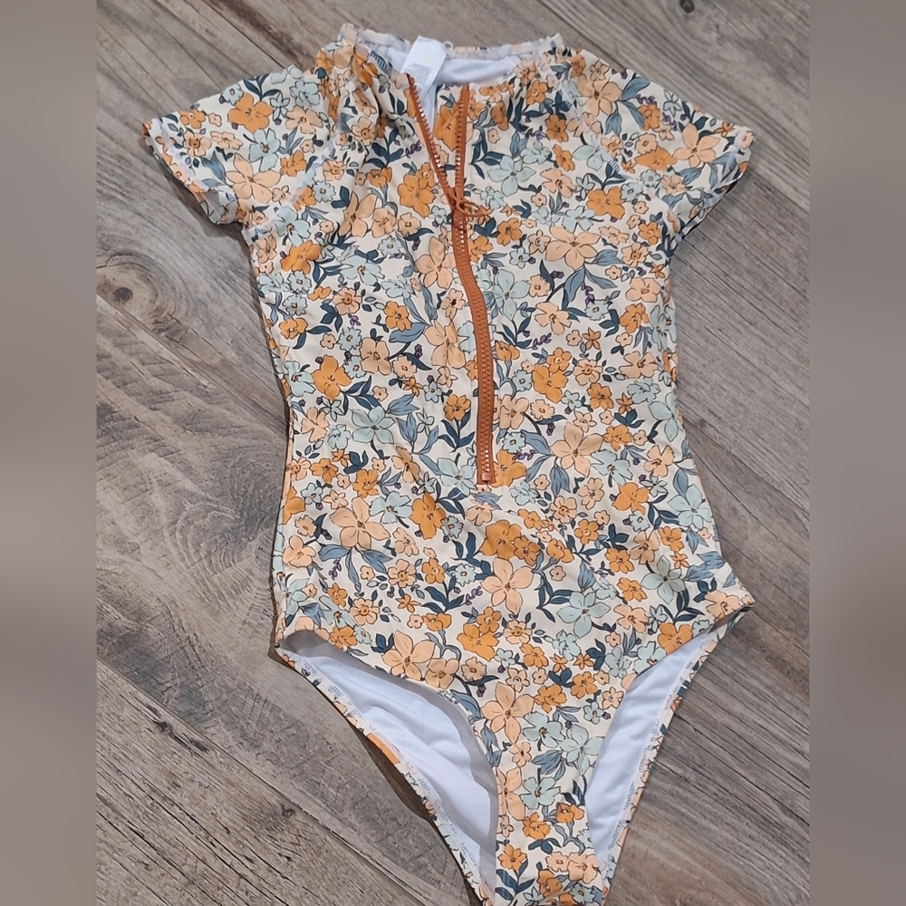 CUPSHE Floral Zip Front Rash Guard One Piece Swimsuit XS Boho/Surf Suit #2144 - Picture 2 of 9